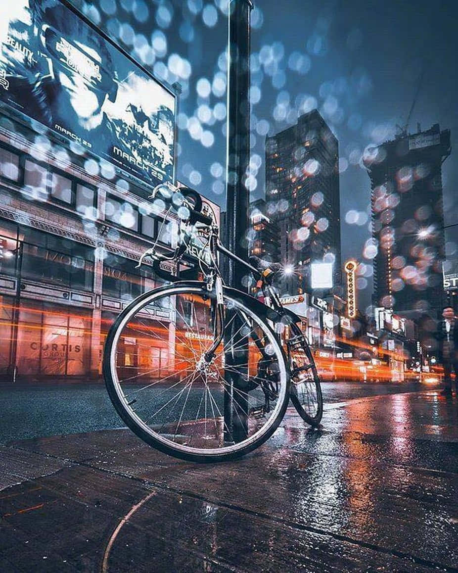 Bicycle 桌布 壁紙 — 一輛腳踏車靠在柱子上，夜晚的街道被雨水打濕，發光的散景燈光和霓虹招牌在濕漉漉的路面上反射。