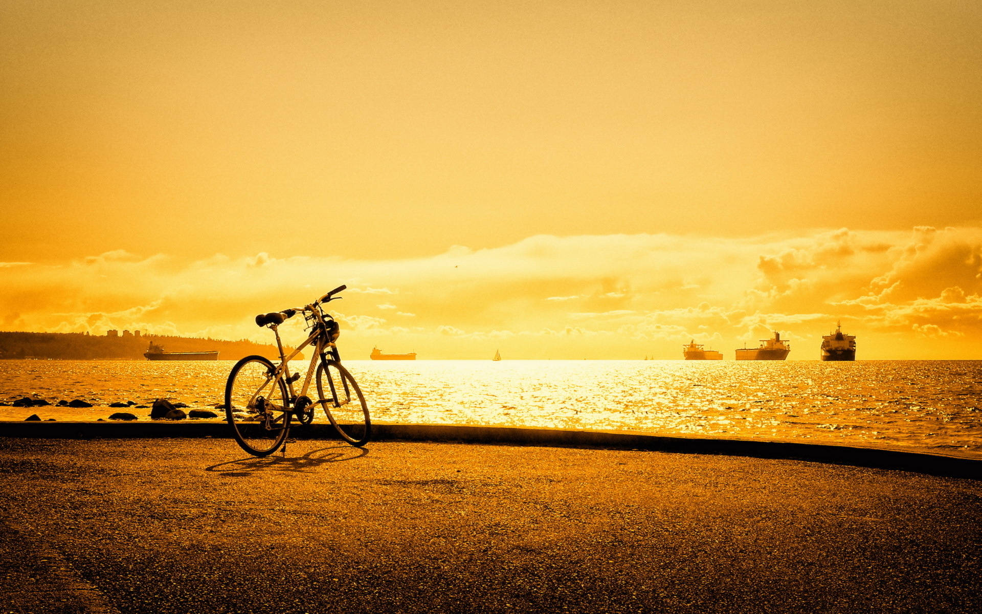 Bicycle 桌布 壁紙 — 一輛自行車在金色日落時分在海濱碼頭上形成剪影，船隻點綴在閃爍的水面上。