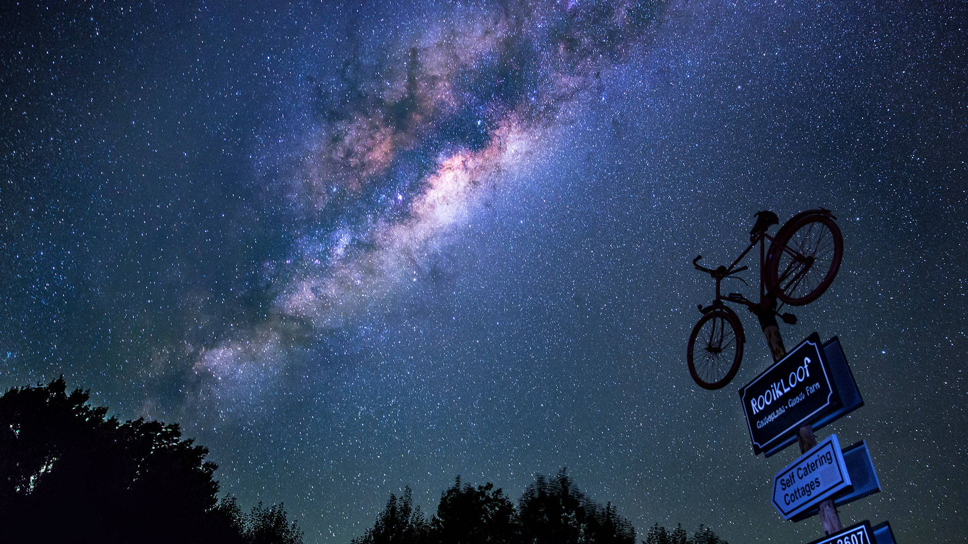 自行車安裝在路標上，星空夜空下，銀河可見。