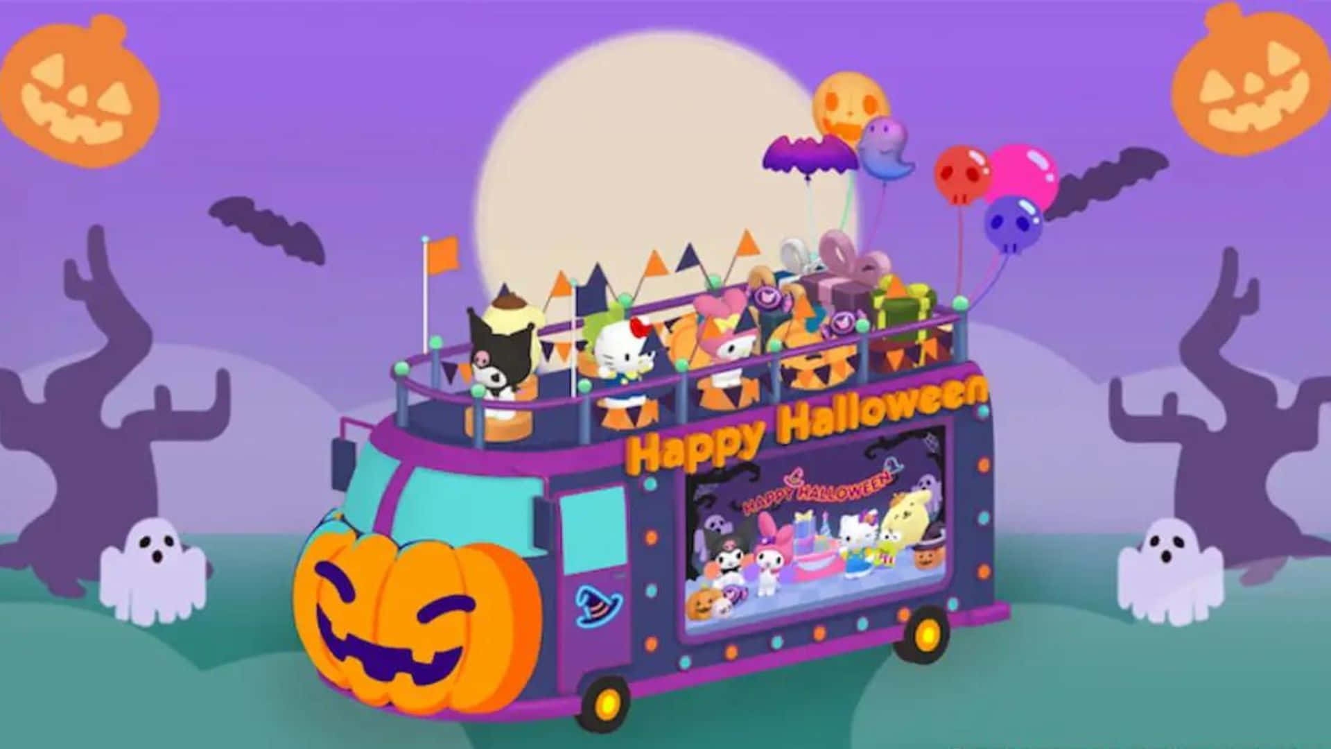 Kuromi Halloween 桌布 壁紙 — 一輛色彩繽紛的卡通巴士裝飾著南瓜和鬼魂，在紫色萬聖節夜晚行駛，周圍有漂浮的氣球和陰森的樹木。