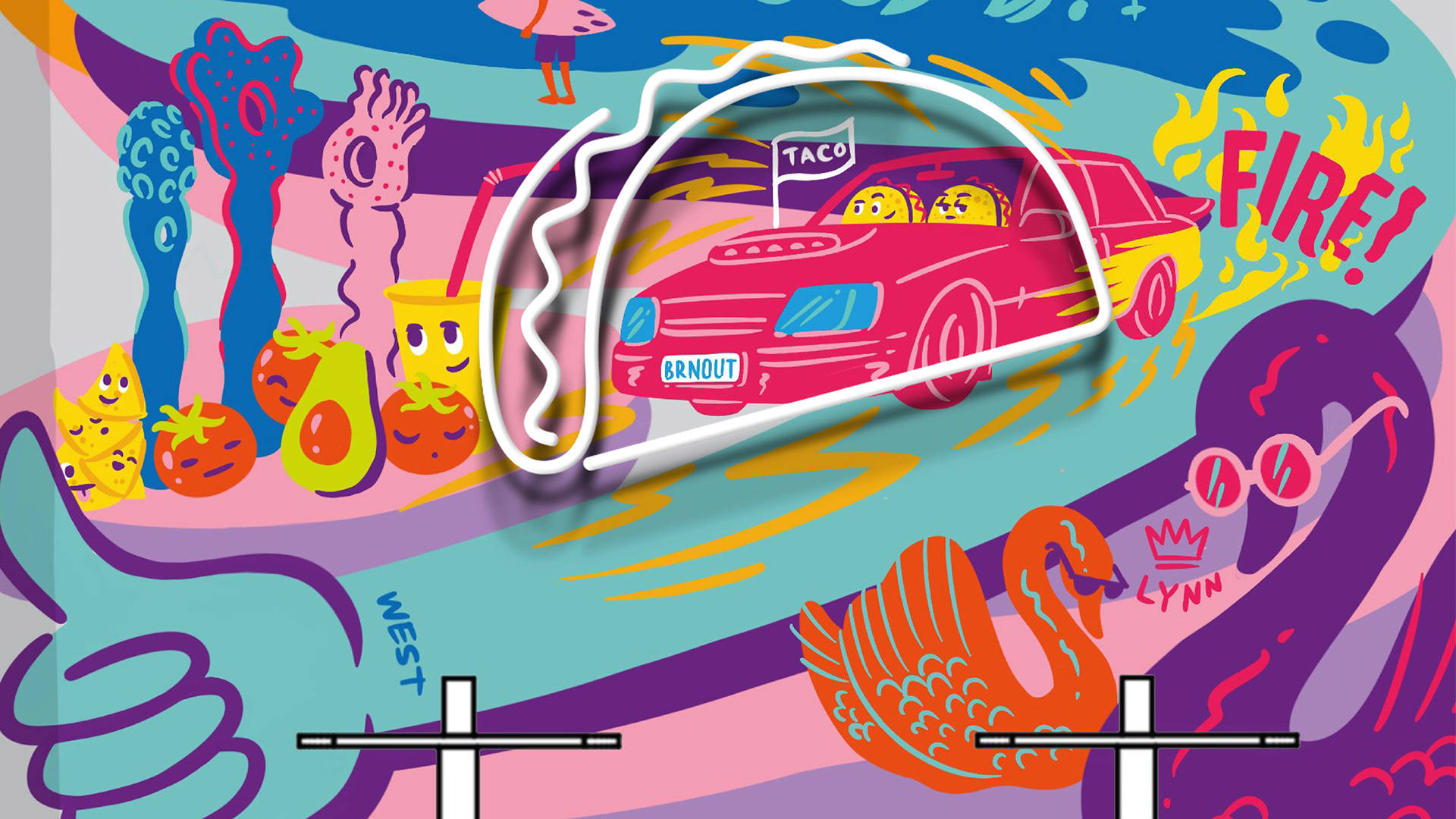 Taco Bell 桌布 壁紙 — 一輛色彩繽紛的卡通車，形狀像墨西哥捲餅，在充滿擬人化食物和異想天開元素的超現實風景中疾馳。