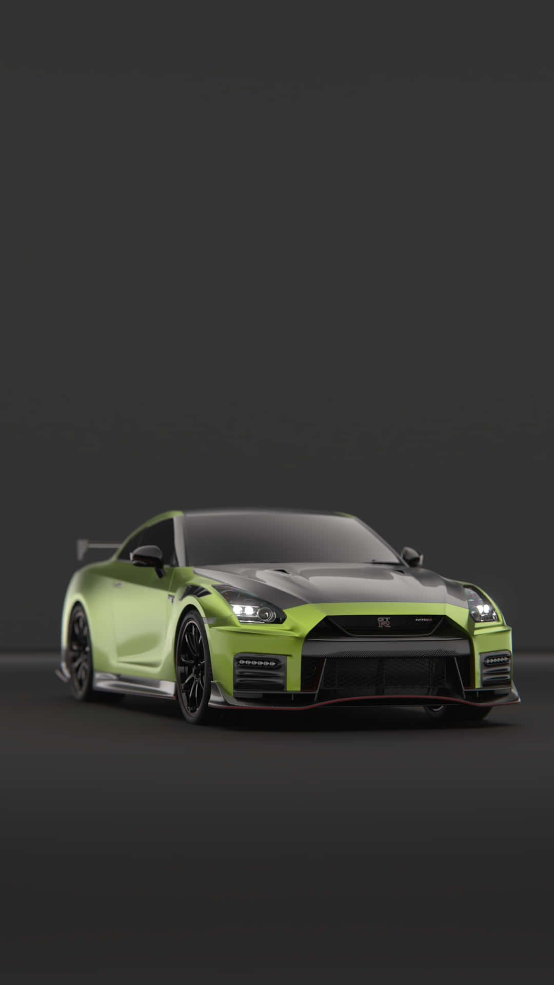 dodge 壁紙 — 一輛萊姆綠色和黑色的日產GT-R跑車，配備發光頭燈，在深灰色工作室背景前蓄勢待發。
