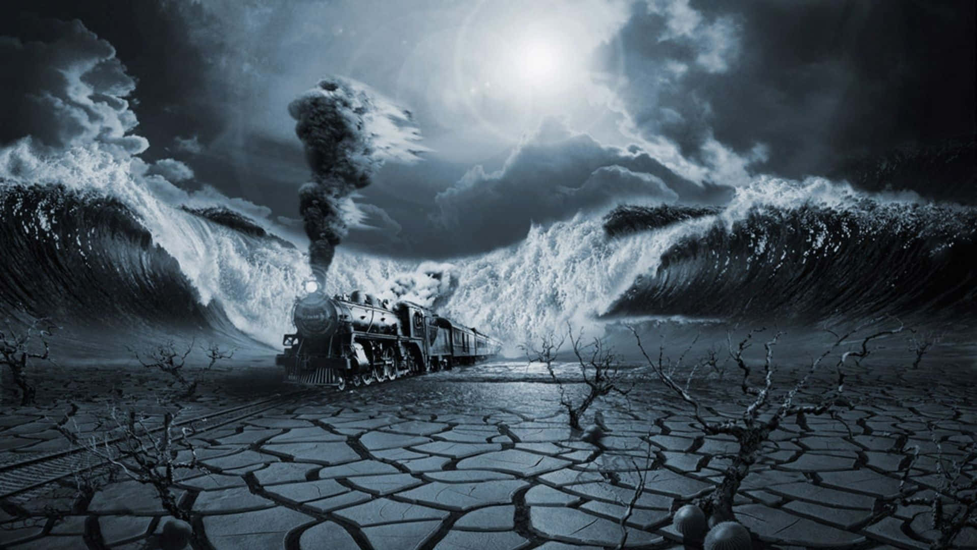 Dark Surrealism 桌布 壁紙 — 一輛蒸汽火車在風暴月夜下，於龜裂的沙漠平原上與洶湧的海浪搏鬥。