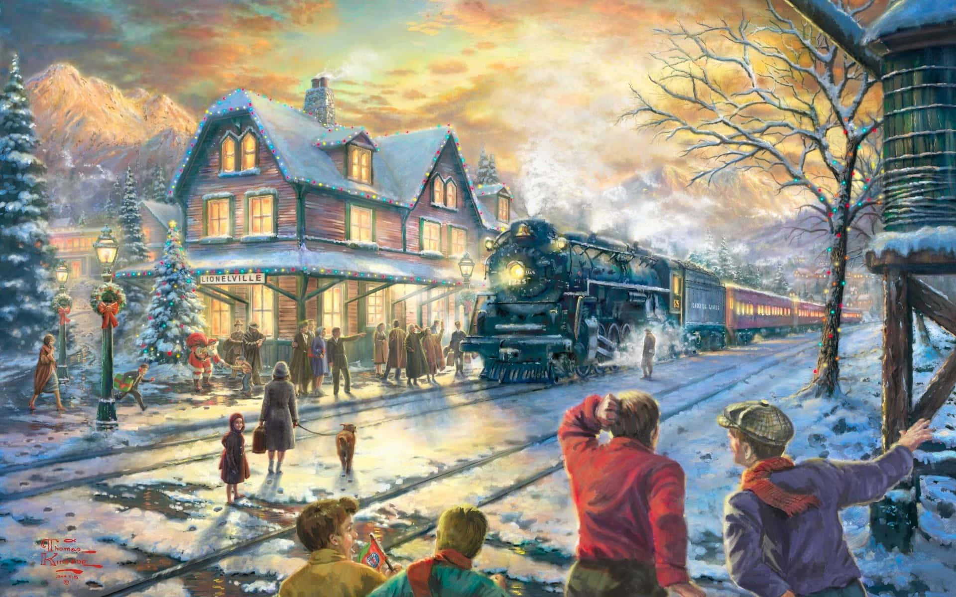 Rustic Christmas 桌布 壁紙 — 一輛蒸汽火車抵達白雪皚皚的冬季車站，孩子們和鎮民聚集在金色的日落天空下。