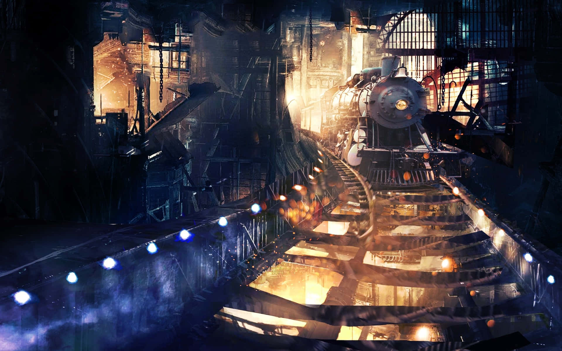 Dark Steampunk 桌布 壁紙 — 一輛蒸汽火車頭從一個黑暗的工業車站中出現，車站沐浴在金黃色光芒和藍色環境光中。