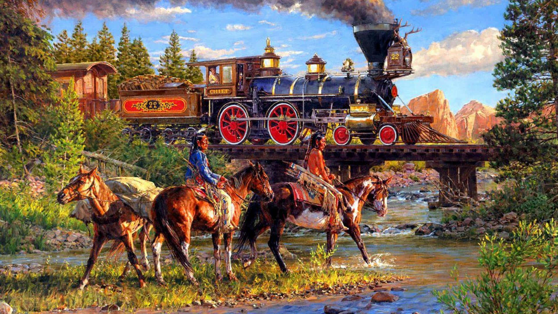 Wild West 桌布 壁紙 — 一輛蒸汽火車頭越過河上的木橋，而美洲原住民騎手騎著馬沿著河岸跟隨。