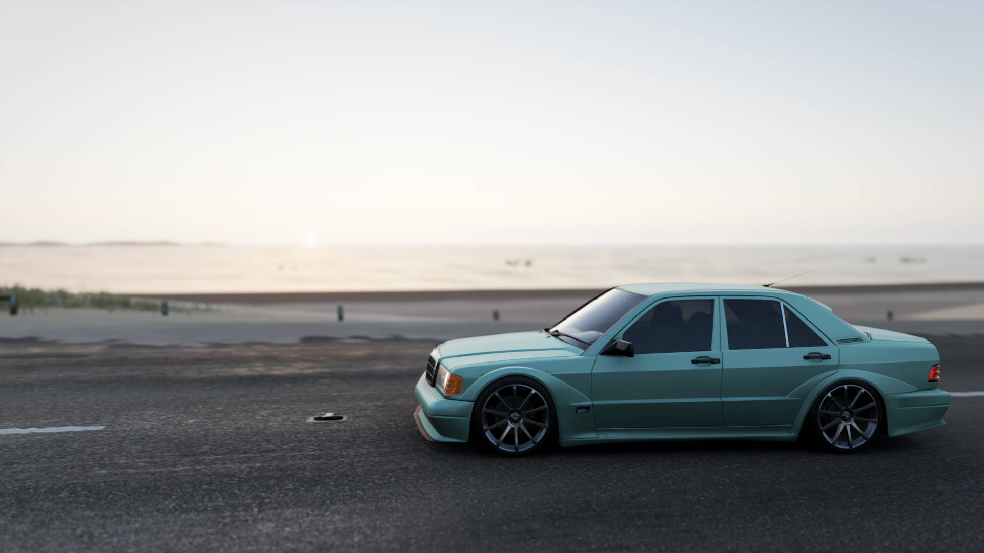 Turquoise 桌布 壁紙 — 一輛薄荷綠色改裝轎車在日出時停泊在沿海公路上，背景是平靜的海洋。