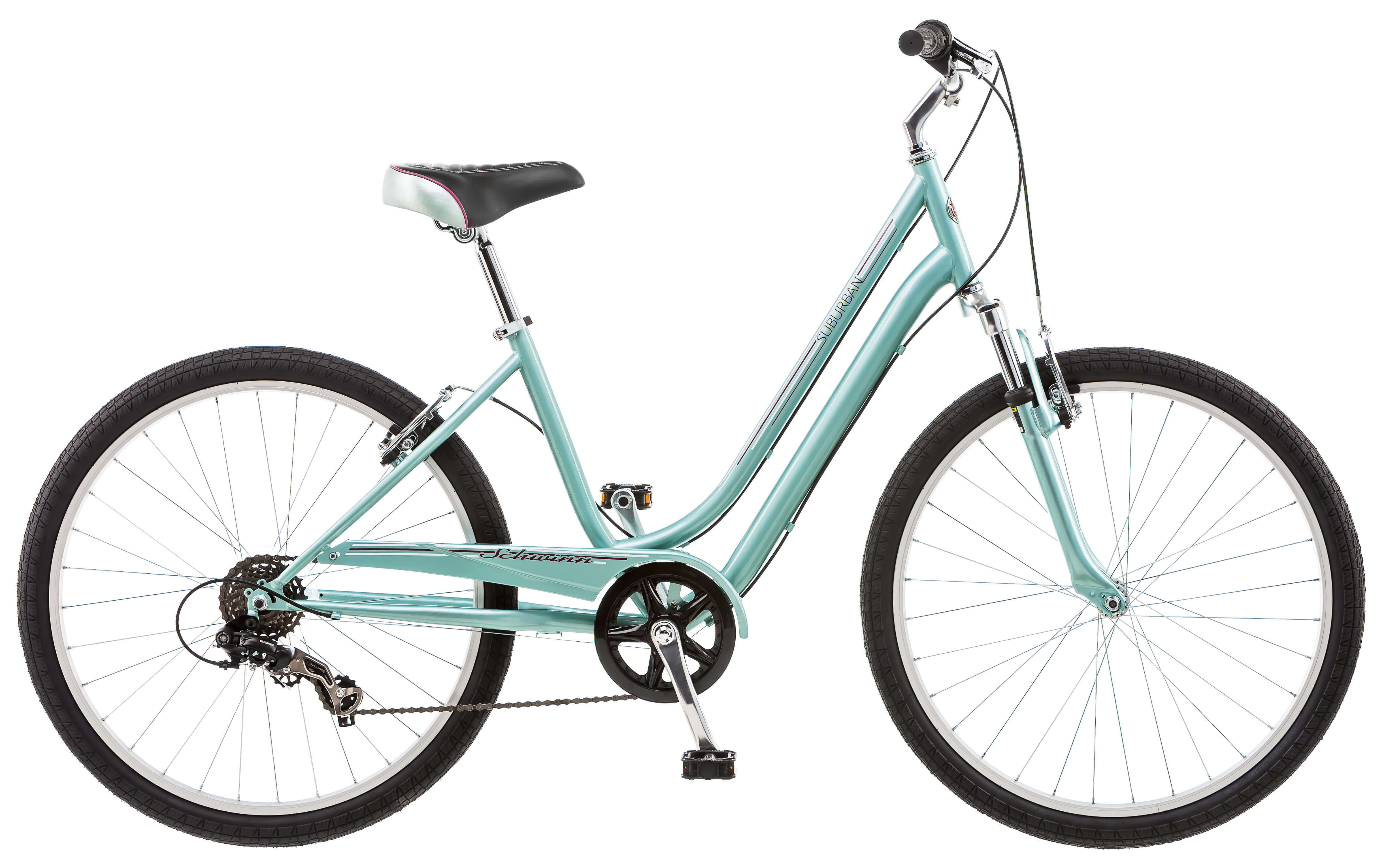 Bicycle 桌布 壁紙 — 一輛薄荷綠色的城市自行車，配有黑色輪胎和銀色裝飾，孤立在白色背景上。