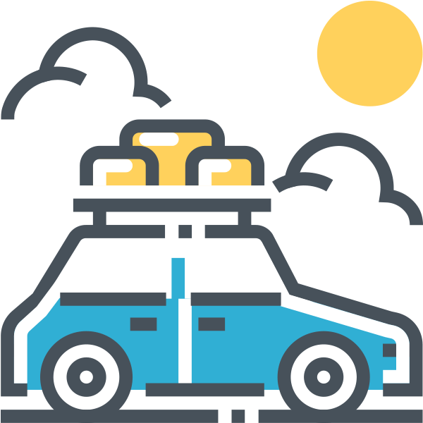 旅行 桌布 壁紙 — 一輛藍白色汽車，車頂行李架上放著黃色行李，在黃色太陽和灰色雲朵下。