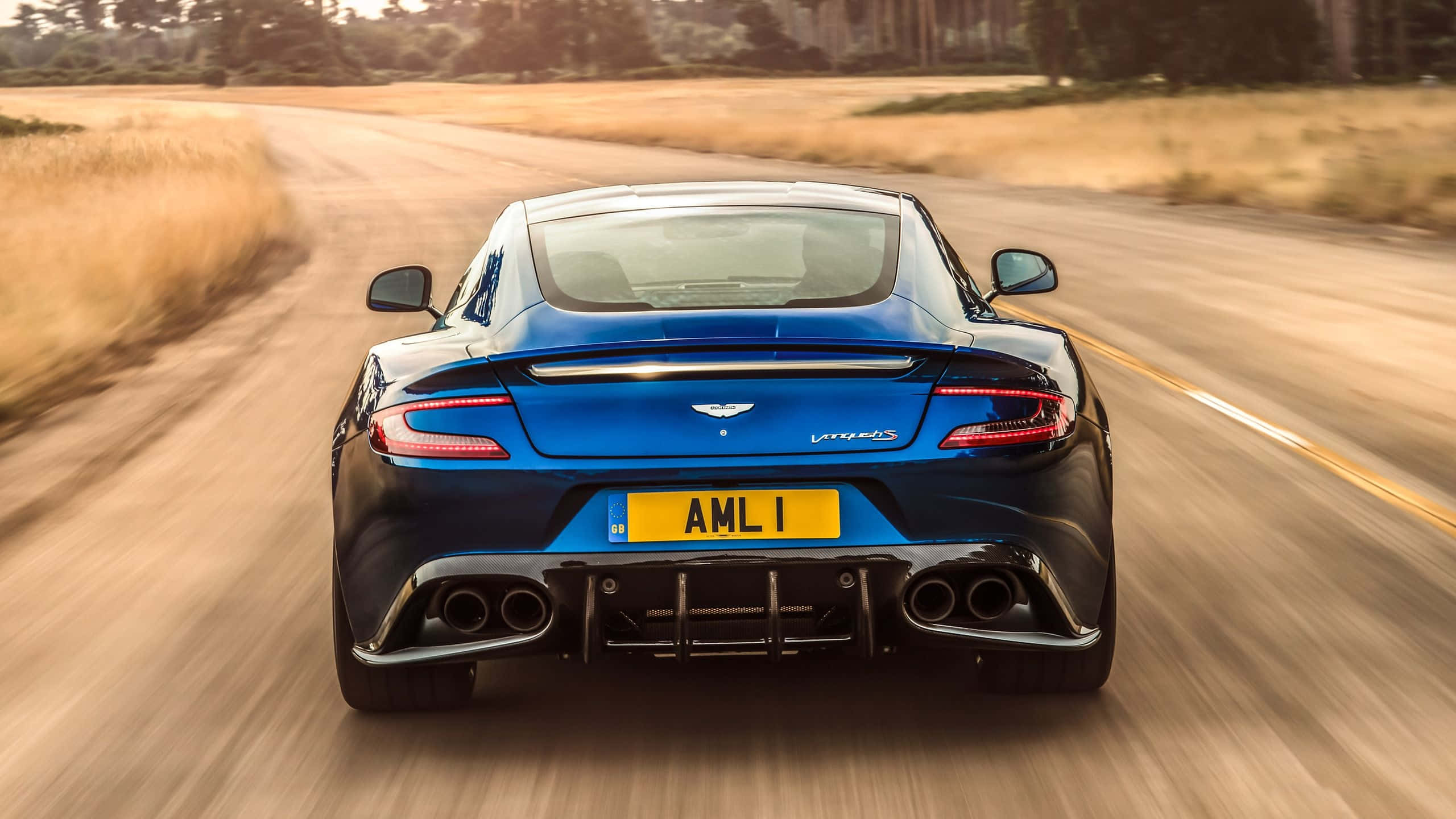 Aston Martin Vanquish 桌布 壁紙 — 一輛藍色Aston Martin Vanquish在陽光明媚的鄉村道路上疾馳，金色的草和樹木模糊掠過。