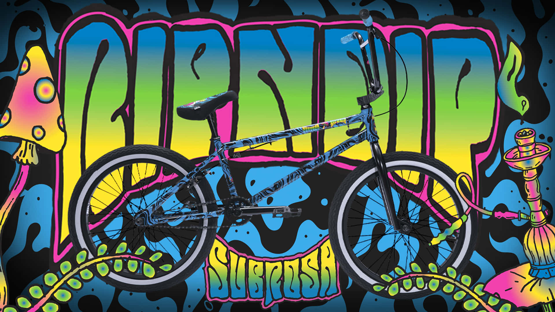 ripndip 桌布 壁紙 — 一輛藍色BMX自行車居中停放，背景是充滿霓虹色彩和迷幻蘑菇的鮮豔塗鴉牆。
