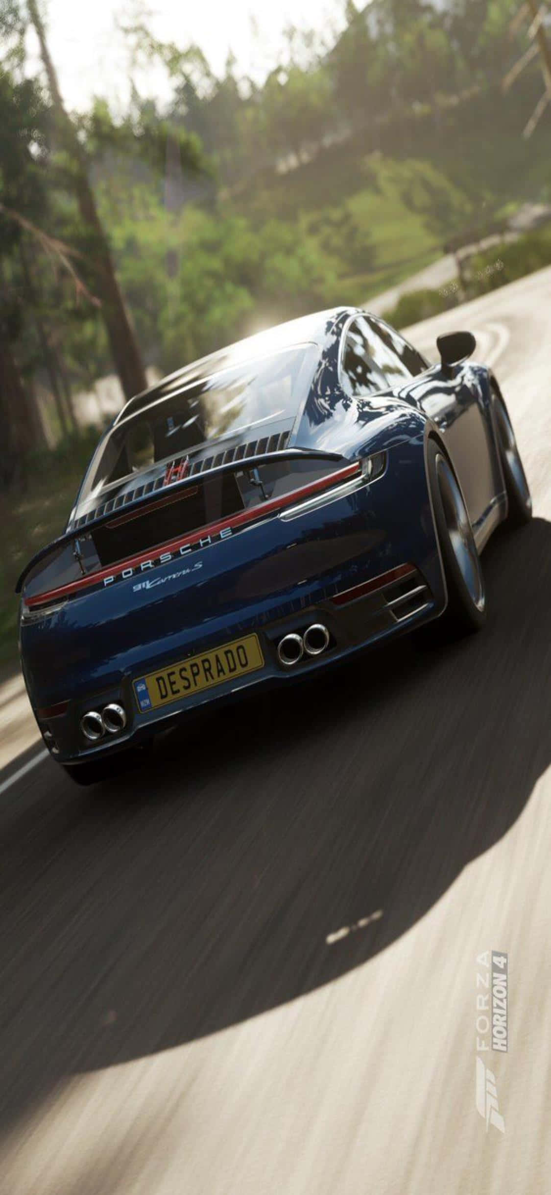 iPhone Xs Forza Horizon 4 桌布 壁紙 — 一輛藍色保時捷911 Turbo S在蜿蜒的林間道路上疾馳，帶有動態模糊效果，陽光穿過樹林灑落。