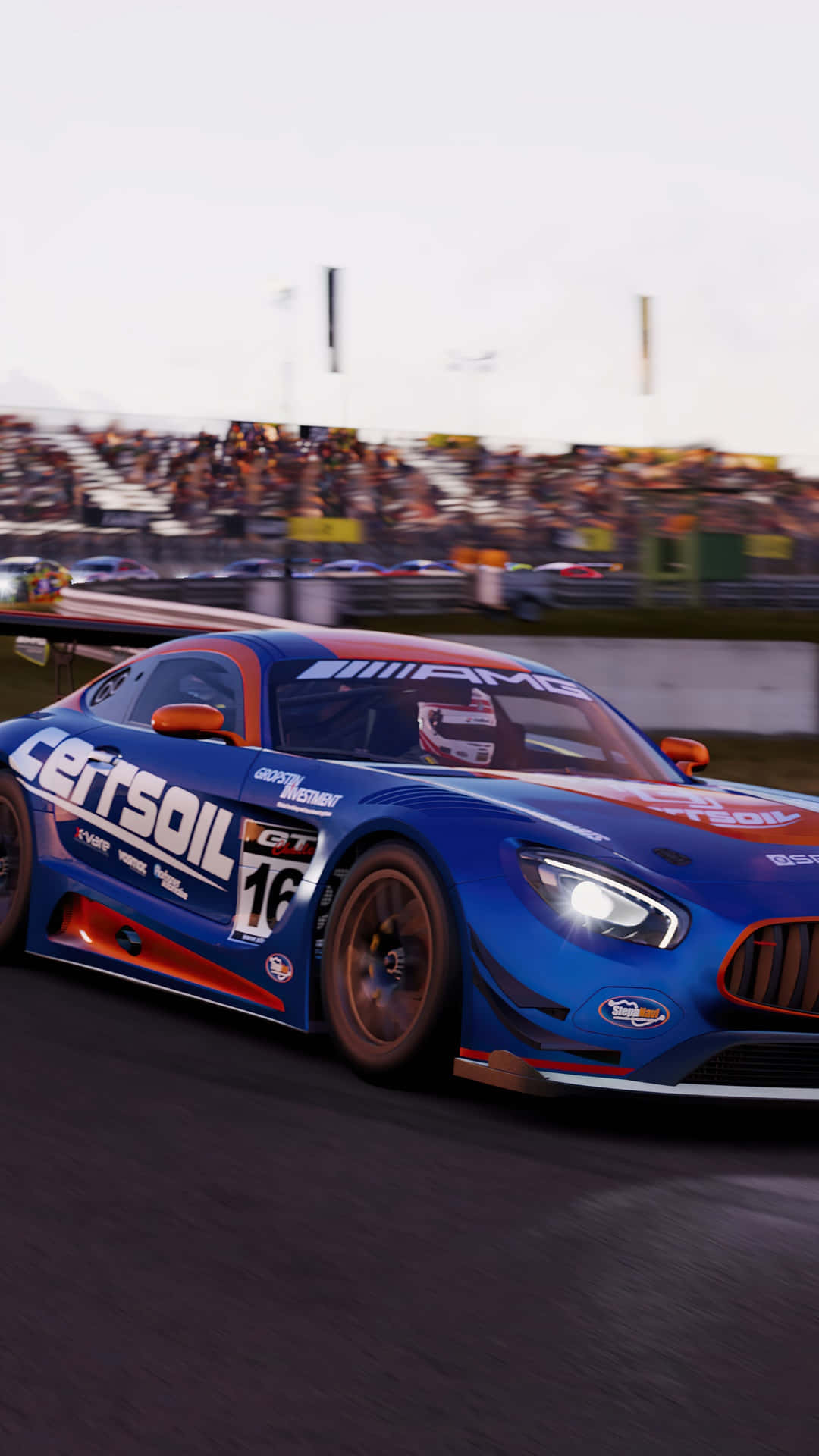 藍色和橙色的賽車在賽道上奔馳，背景是模糊的人群。 — Project Cars 壁紙