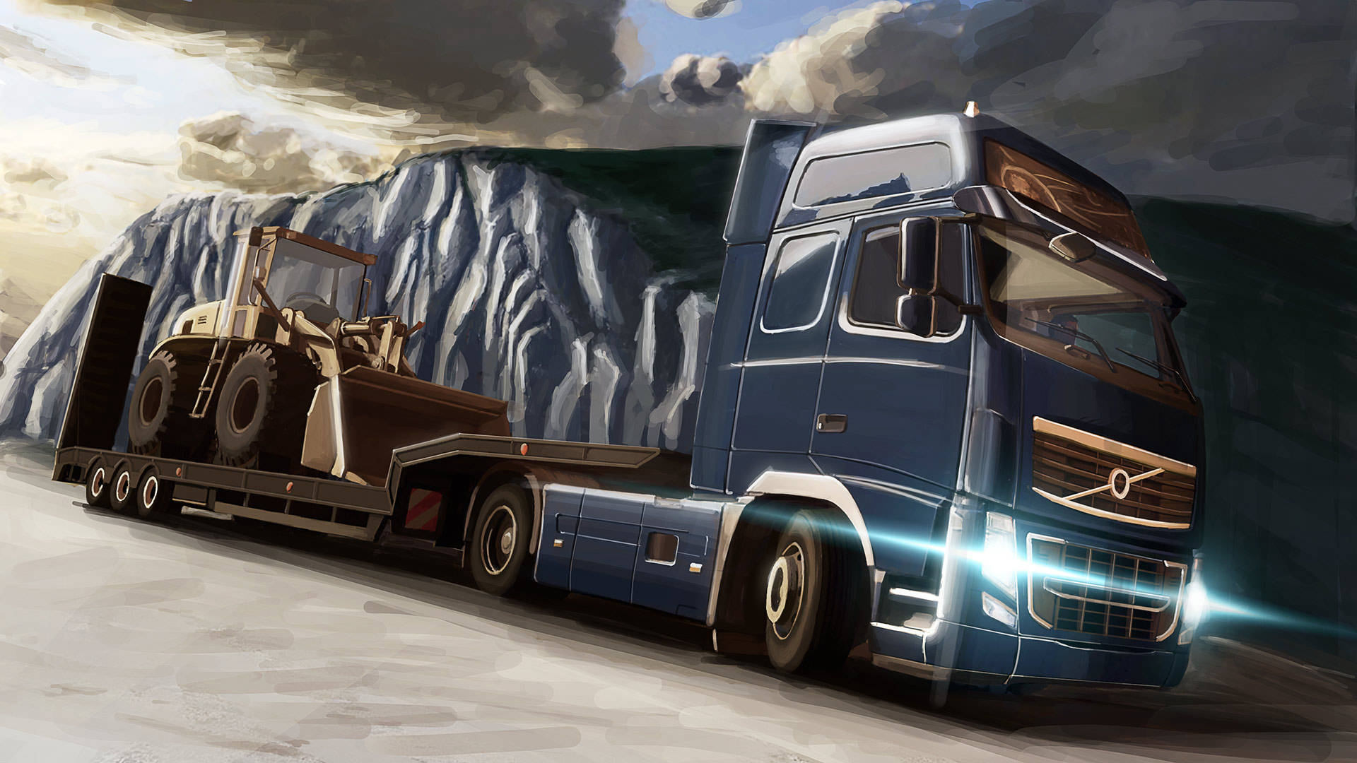 American Truck Simulator 桌布 壁紙 — 一輛藍色富豪半掛卡車拖著一輛黃色推土機穿越崎嶇的山口，天空烏雲密佈，氣氛戲劇化。