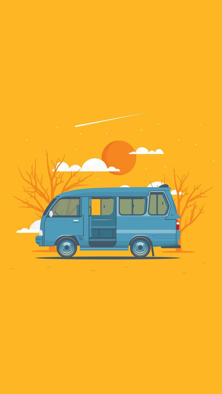老車 桌布 壁紙 — 一輛藍色廂型車停泊在溫暖的橙色天空下，周圍是光禿的樹木和夕陽投下的長長影子。