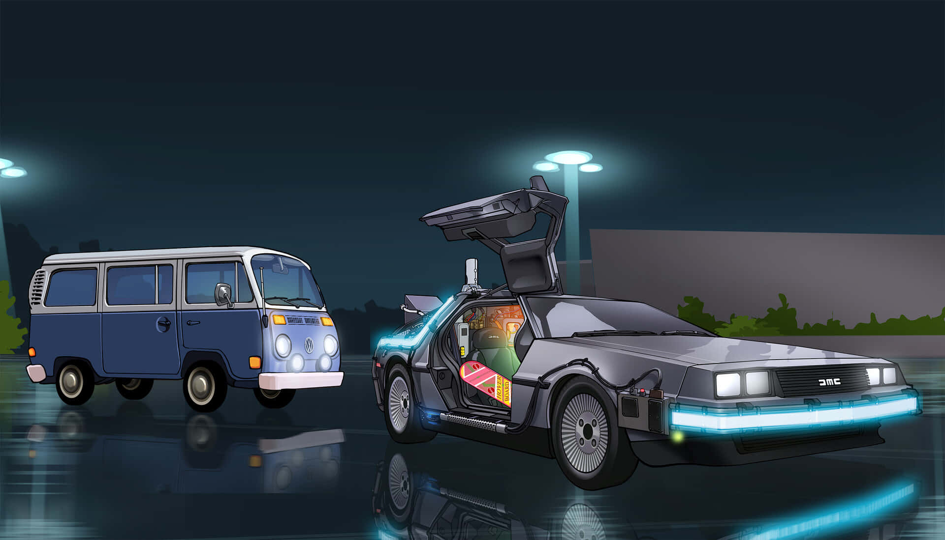 回到未來 桌布 壁紙 — 一輛藍色復古貨車和一輛銀色DeLorean，帶有發光的藍色燈光，停在潮濕的夜晚街道上，路燈下。