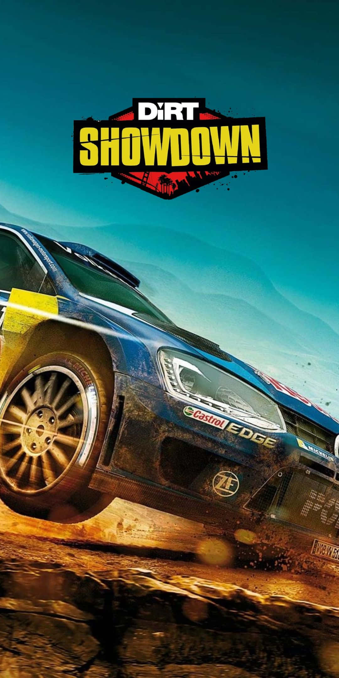 Pixel 3 Dirt Showdown 桌布 壁紙 — 一輛藍色拉力賽車在晴朗的藍天下，在岩石地形上高速行駛，揚起灰塵。