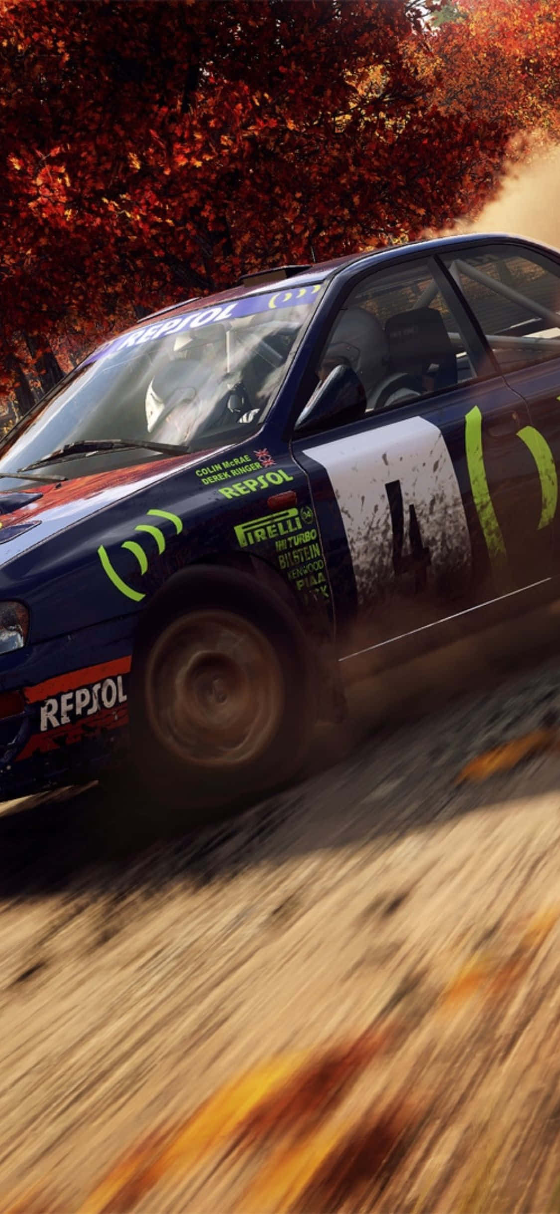 iPhone X Dirt Rally 桌布 壁紙 — 一輛藍色拉力賽車在森林中疾馳，紅色的秋葉飛舞，揚起灰塵。