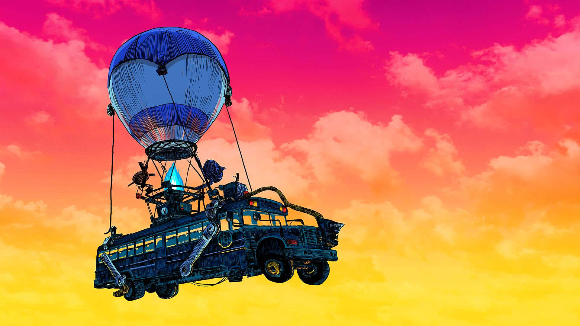 Fortnite 桌布 壁紙 — 一輛藍色校車漂浮在充滿活力的日落天空中，用機械臂和發光的藍色火焰繫在熱氣球上。
