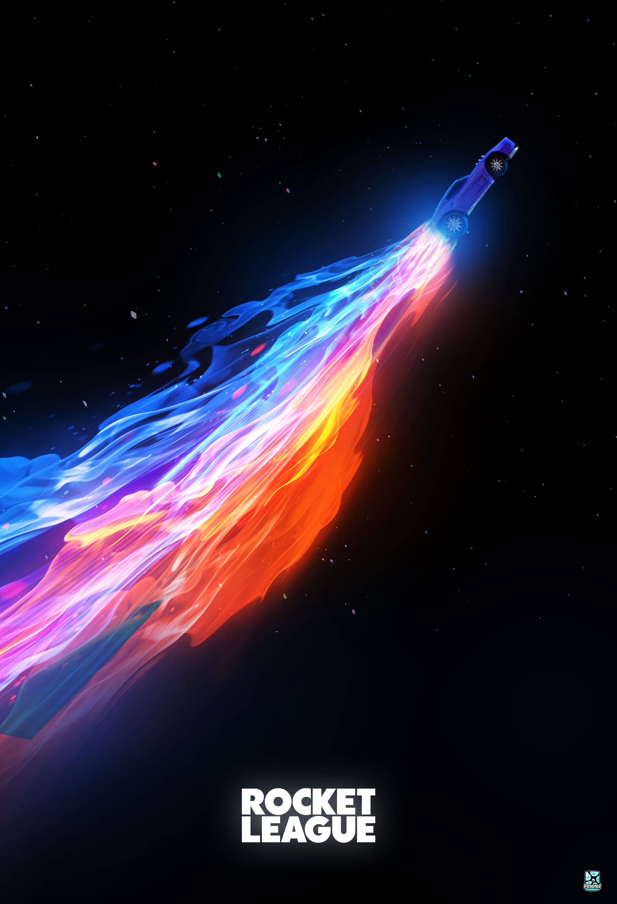 Rocket League Phone 桌布 壁紙 — 一輛藍色汽車在太空飛馳，在繁星點點的黑色背景上留下充滿活力的藍色、橙色和紫色火焰痕跡。