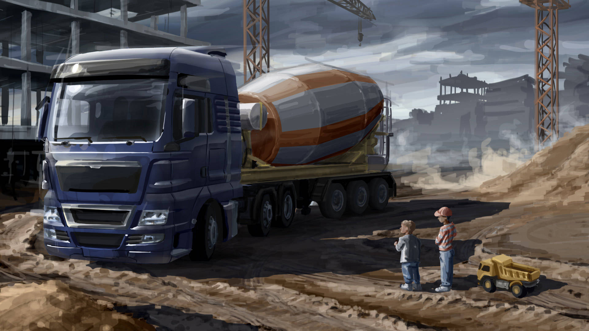 American Truck Simulator 桌布 壁紙 — 一輛藍色混凝土攪拌車主導著灰塵飛揚的建築工地，兩個孩子從遠處觀看，旁邊有一輛玩具自卸車。