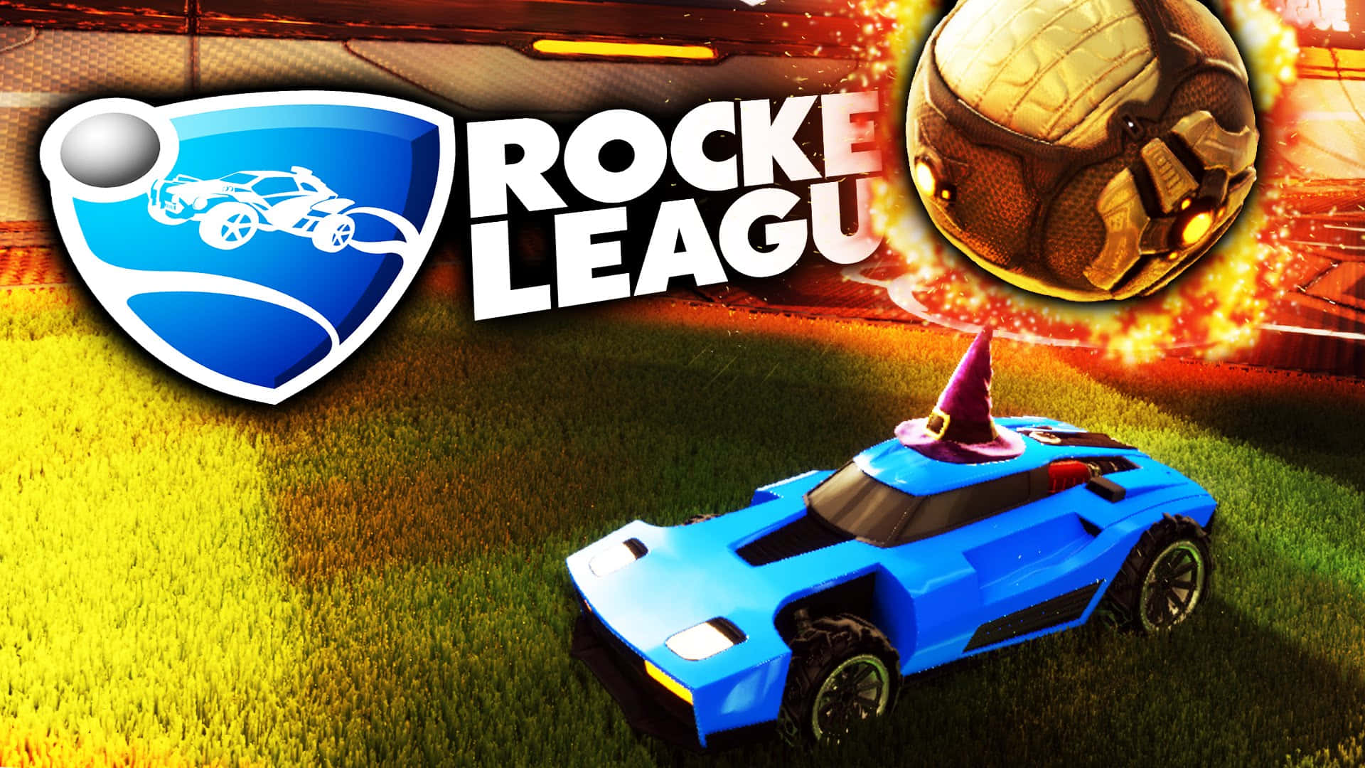 1080p Rocket League 桌布 壁紙 — 一輛藍色火箭動力汽車戴著巫師帽，在燃燒的體育場燈光下的草地上行駛，出現在《Rocket League》遊戲場景中。