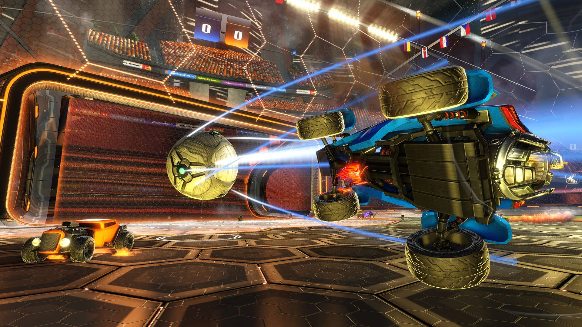 rocket league 1920x1080 桌布 壁紙 — 一輛藍色火箭動力車在半空中翻筋斗，追逐一個發光的足球，場景在一個未來風格的體育場館內。