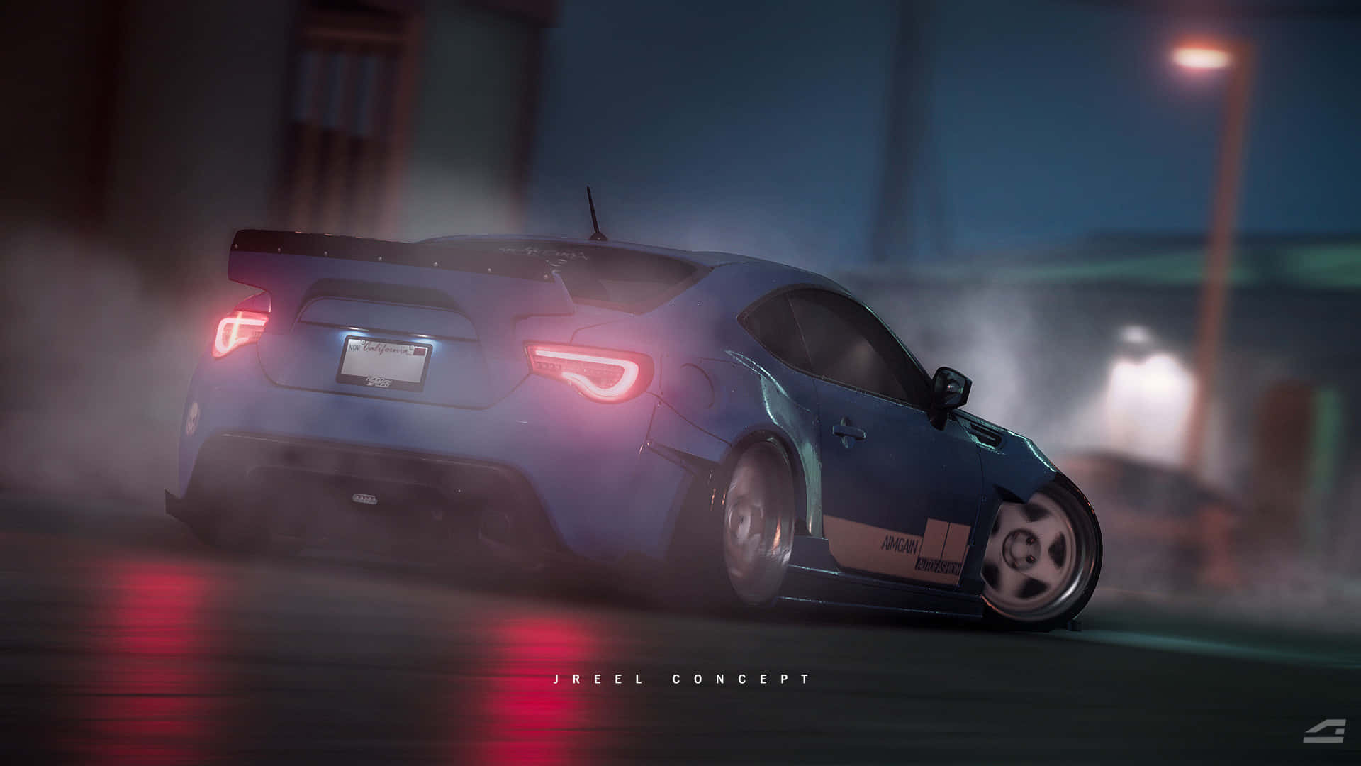 藍色甩尾車在夜間潮濕的城市街道上輪胎冒煙，紅色尾燈閃爍。 — Toyota Supra Mk4 壁紙