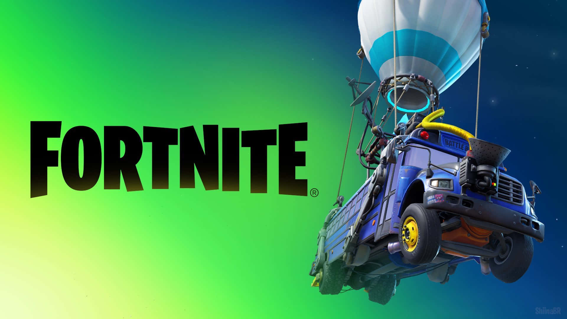 桌布 壁紙 — 一輛藍色的Fortnite巴士在天空中漂浮，綁著一個熱氣球，背景是充滿活力的綠色和藍色漸變。