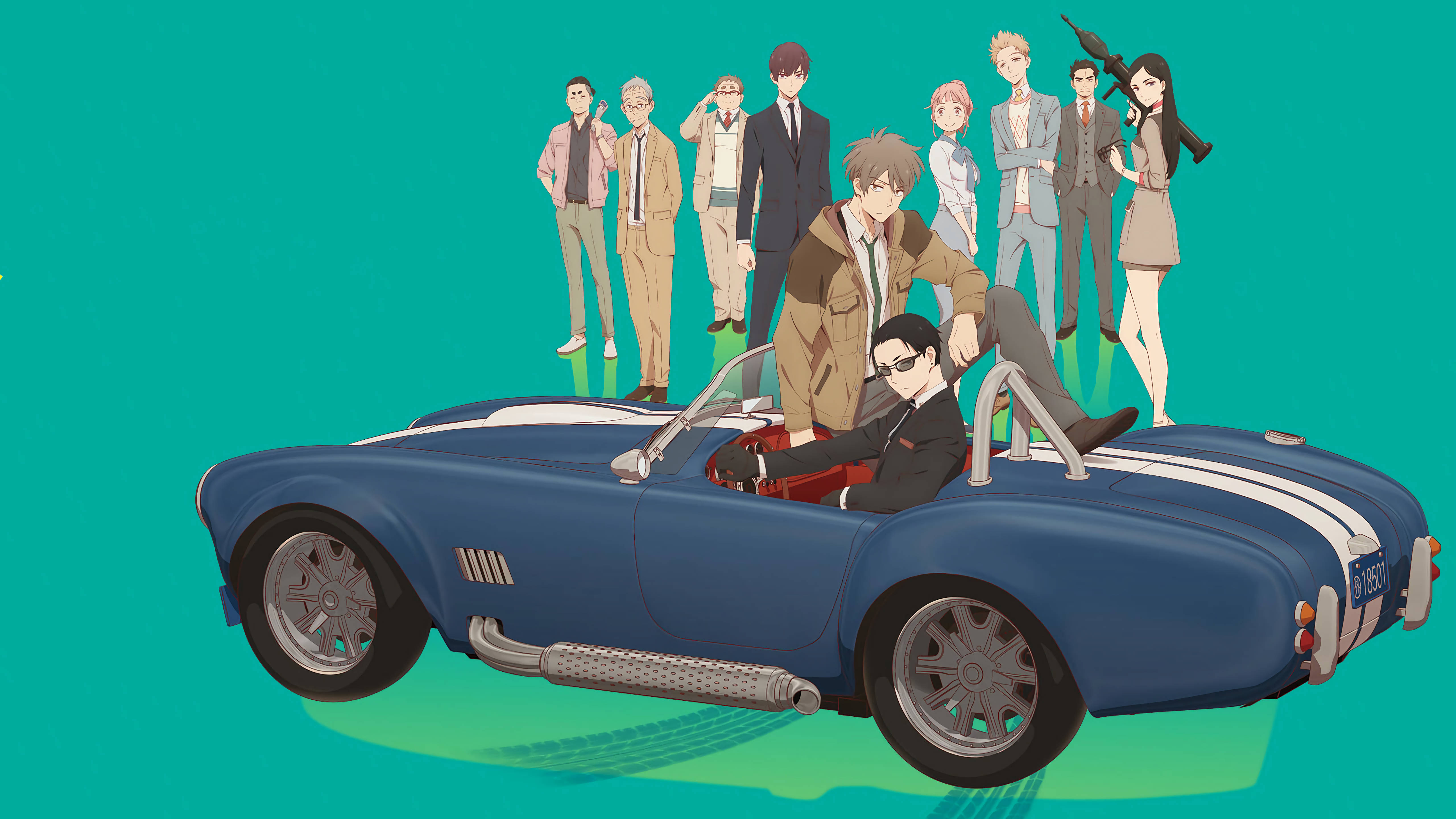 the millionaire detective 桌布 壁紙 — 一輛藍色經典跑車，一名男子駕駛，一群時尚動漫角色站在車後，背景為青綠色。