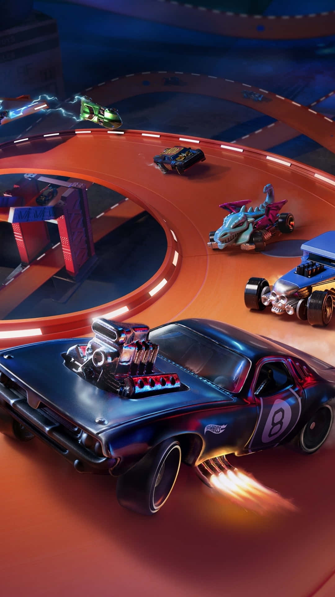 Hot Wheels 桌布 壁紙 — 一輛藍色肌肉車（編號8）在發光的橙色賽道上與其他風格化的賽車在充滿活力的卡通賽車場景中競速。