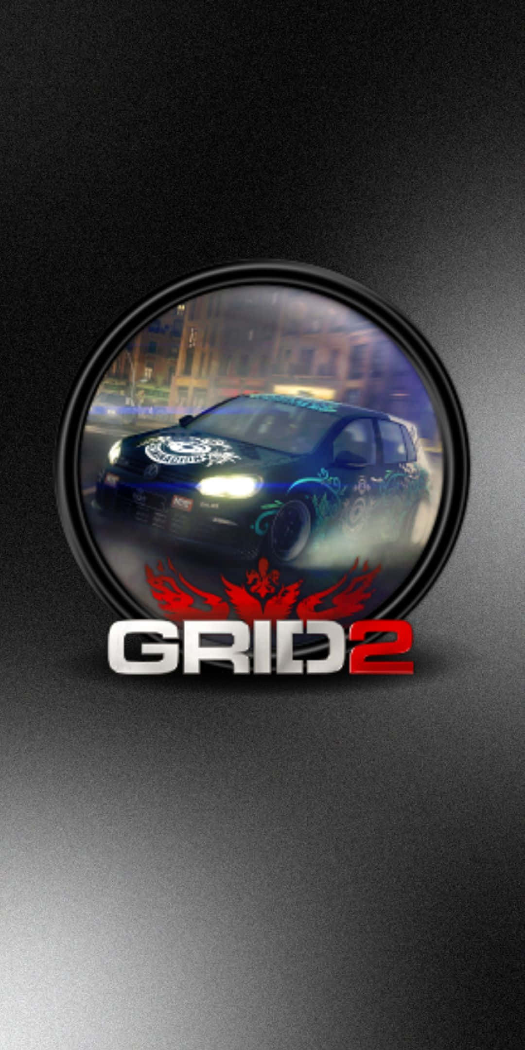 黑白 桌布 壁紙 — 一輛藍色賽車在圓形框架內飄移，下方有「GRID 2」標誌，背景為深色漸變。