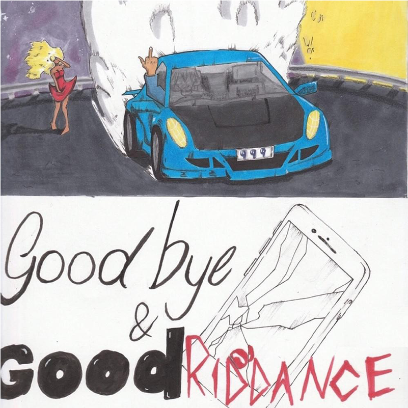 Juice WRLD 桌布 壁紙 — 一輛藍色跑車以手勢駛離，一名金髮女子觀看，上方文字在裂開的電話旁說再見和好擺脫。
