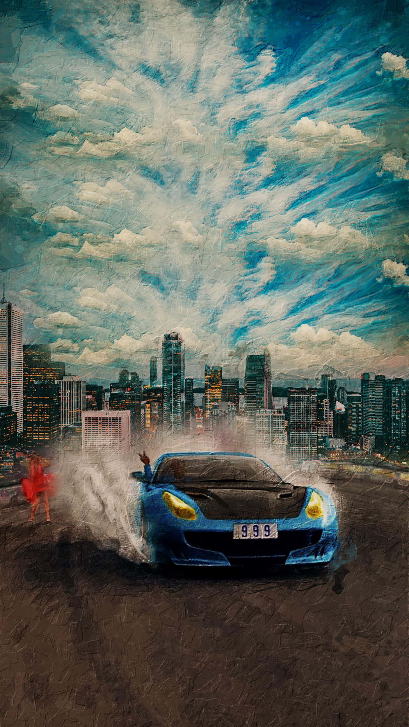 超跑 桌布 壁紙 — 一輛藍色跑車在戲劇性的天空下，伴隨著漩渦狀雲朵和附近的紅色人物，穿過城市景觀飄移。