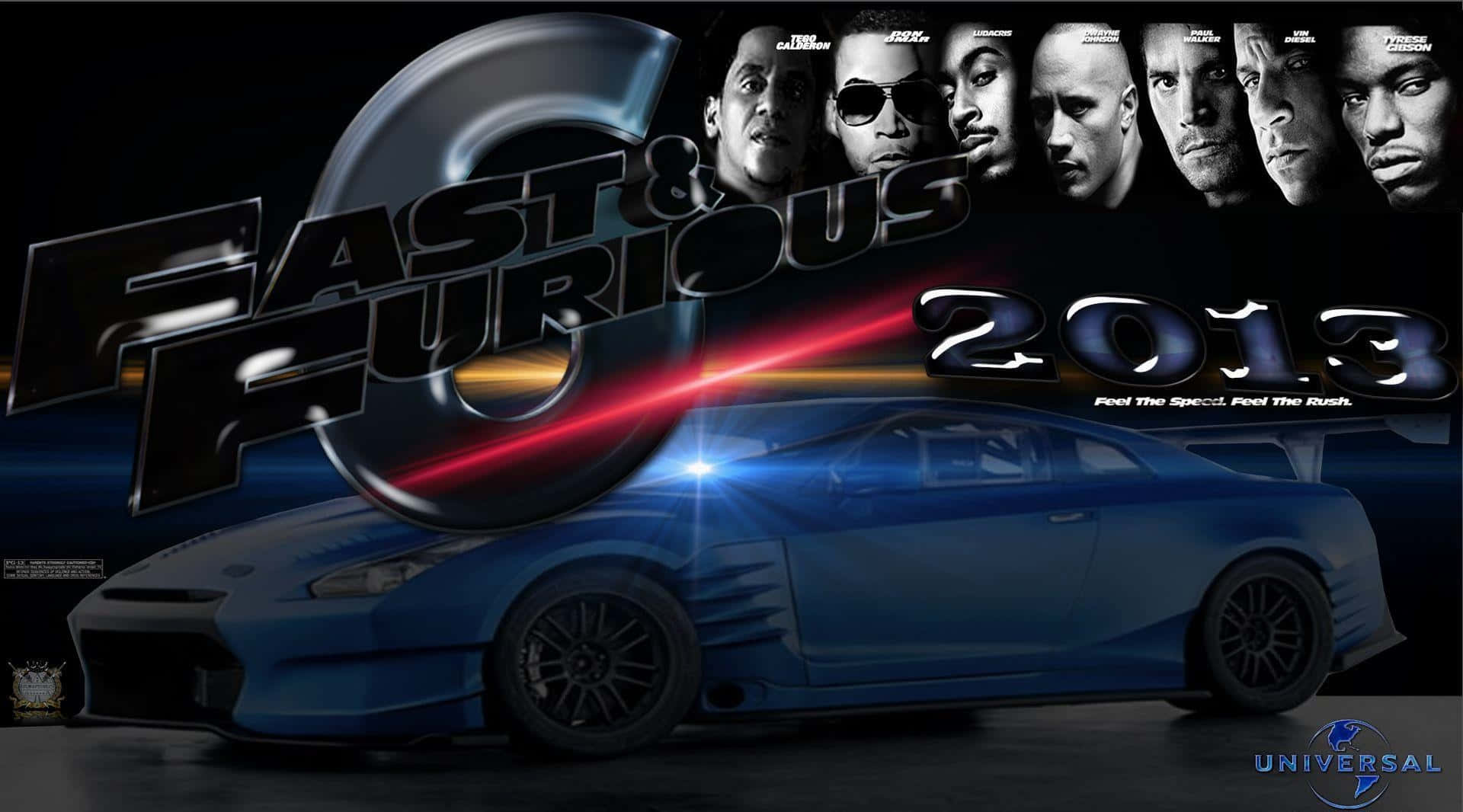 Fast And Furious Desktop 桌布 壁紙 — 一輛藍色跑車在霓虹燈下發光，背景是黑暗的電影風格，帶有Furious 7演員面孔和標題文字。