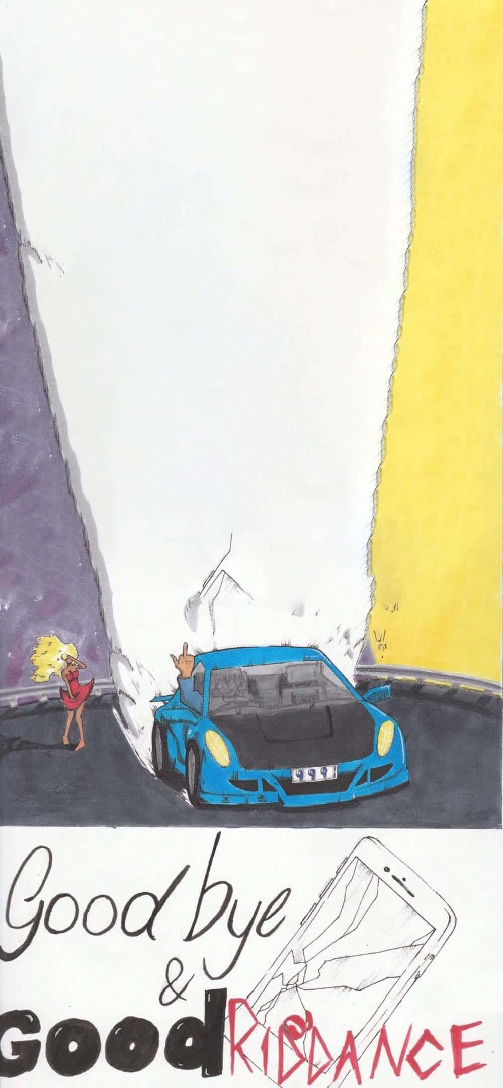 Goodbye And Good Riddance 桌布 壁紙 — 一輛藍色跑車飄移離去，一位紅衣金髮女子在裂開的道路旁揮手告別。