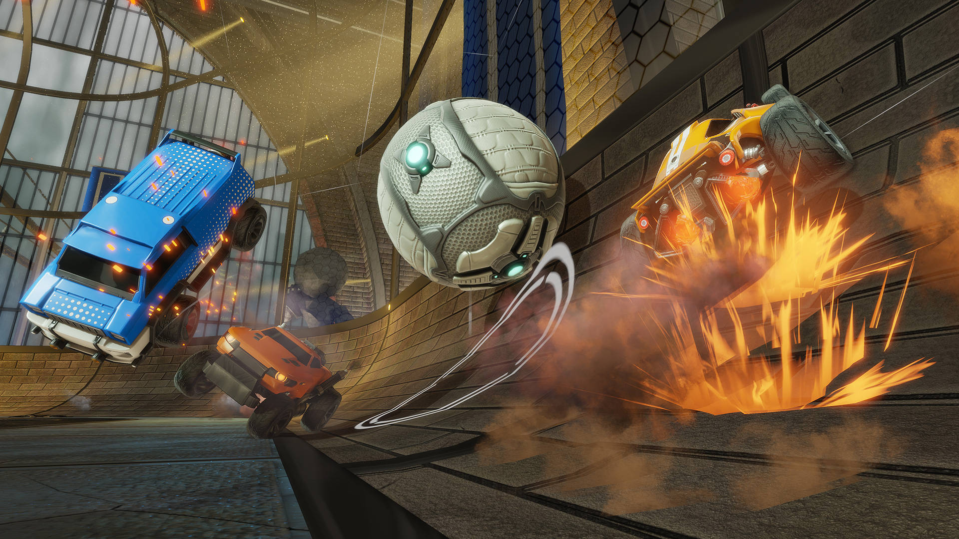 rocket league 1920x1080 桌布 壁紙 — 一輛藍黃色的怪獸卡車在未來競技場中與熾熱爆炸相撞，同時一個發光的足球在空中飛過。