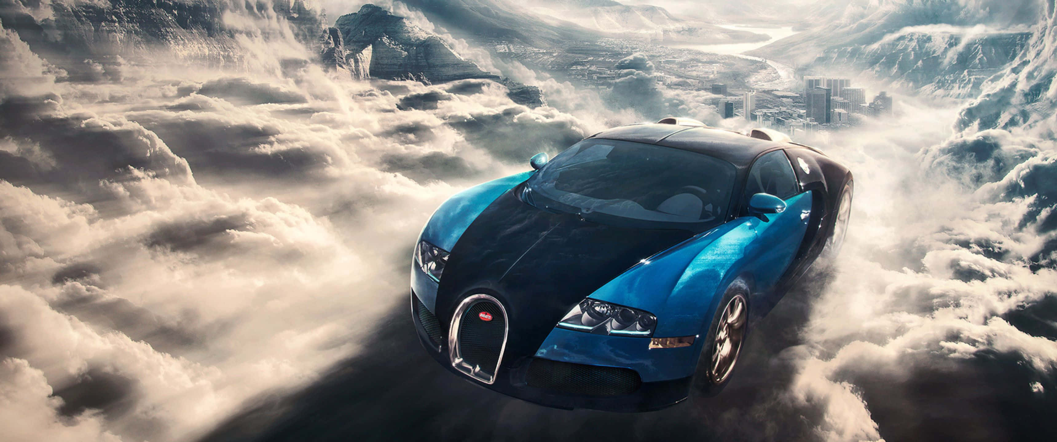 3440x1440p Bugatti 桌布 壁紙 — 一輛藍黑相間的布加迪超級跑車在雲層中疾馳，下方是未來主義的城市景觀和鋸齒狀山脈。