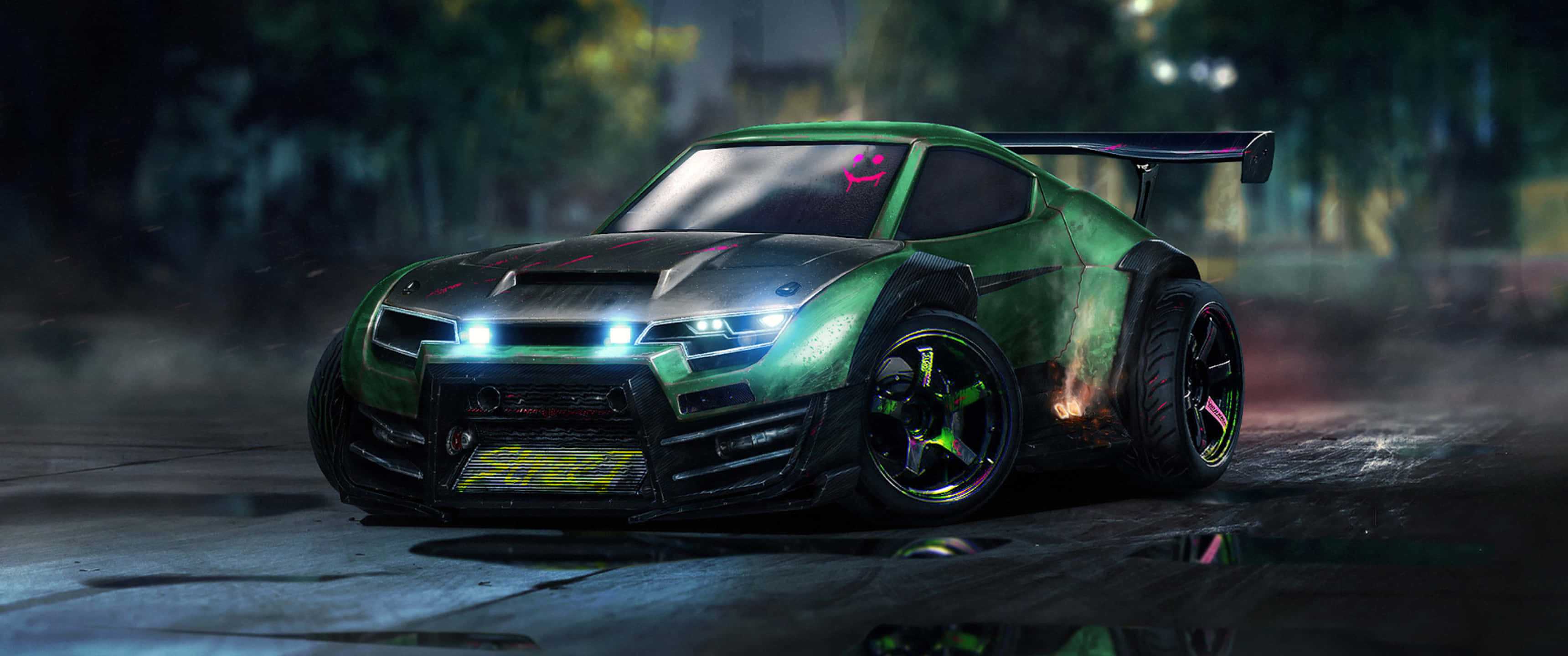 3440x1440p Rocket League 桌布 壁紙 — 一輛螢光綠色甩尾車，帶有發光車頭燈和粉紅色點綴，在霧氣瀰漫的城市夜街上疾馳。