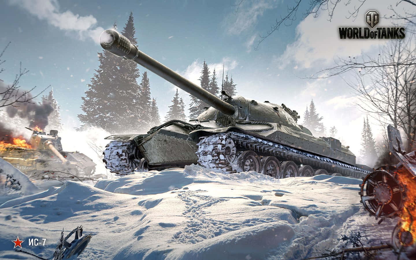 games 桌布 壁紙 — 一輛被雪覆蓋的IS-7重型坦克在明亮的天空下，與燃燒的殘骸和松樹一起主宰著冬季戰場。