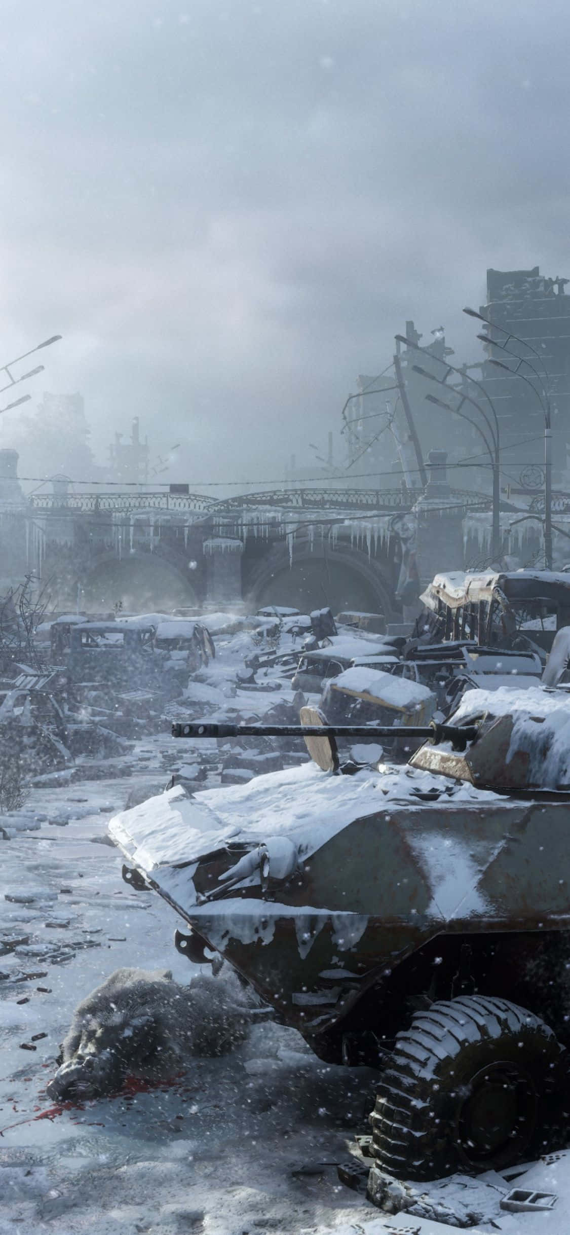 iPhone X Metro Exodus 桌布 壁紙 — 一輛被雪覆蓋的裝甲車停放在廢墟般的城市景觀中，天空灰暗，雪花飄落。