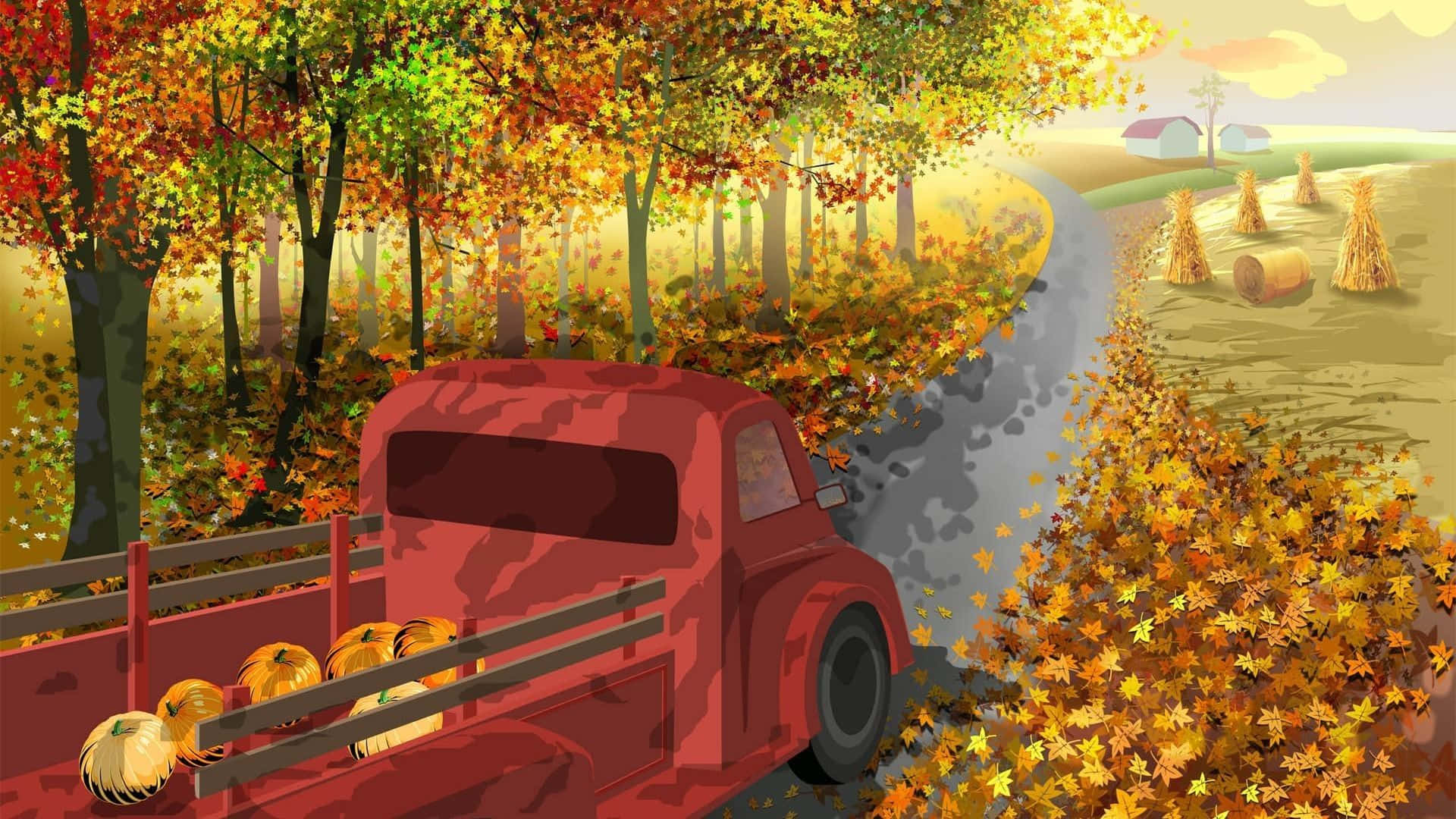 桌布 壁紙 — 一輛裝滿南瓜的復古紅色卡車沿著蜿蜒的秋日道路行駛，兩旁是火紅的楓樹和金黃的乾草捆。