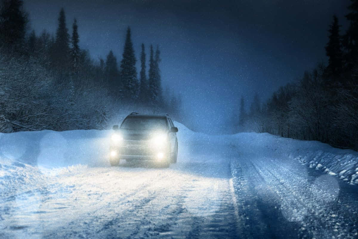 Winter Driving 桌布 壁紙 — 一輛覆蓋著雪的SUV在夜間穿過暴風雪，車頭燈劃破飄落的雪花，道路兩旁是積雪的樹木。