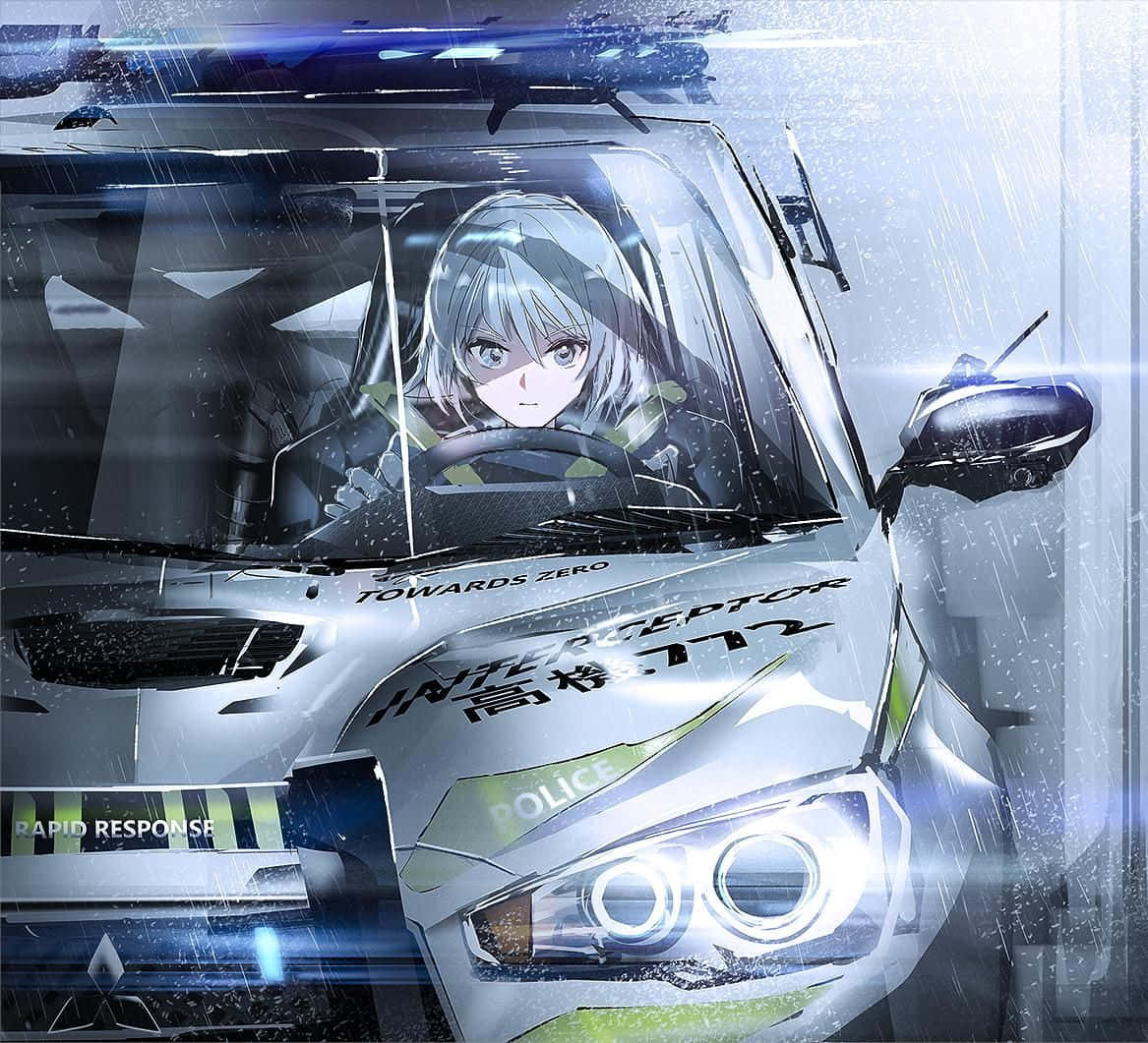 動漫警車背景，女孩駕駛座