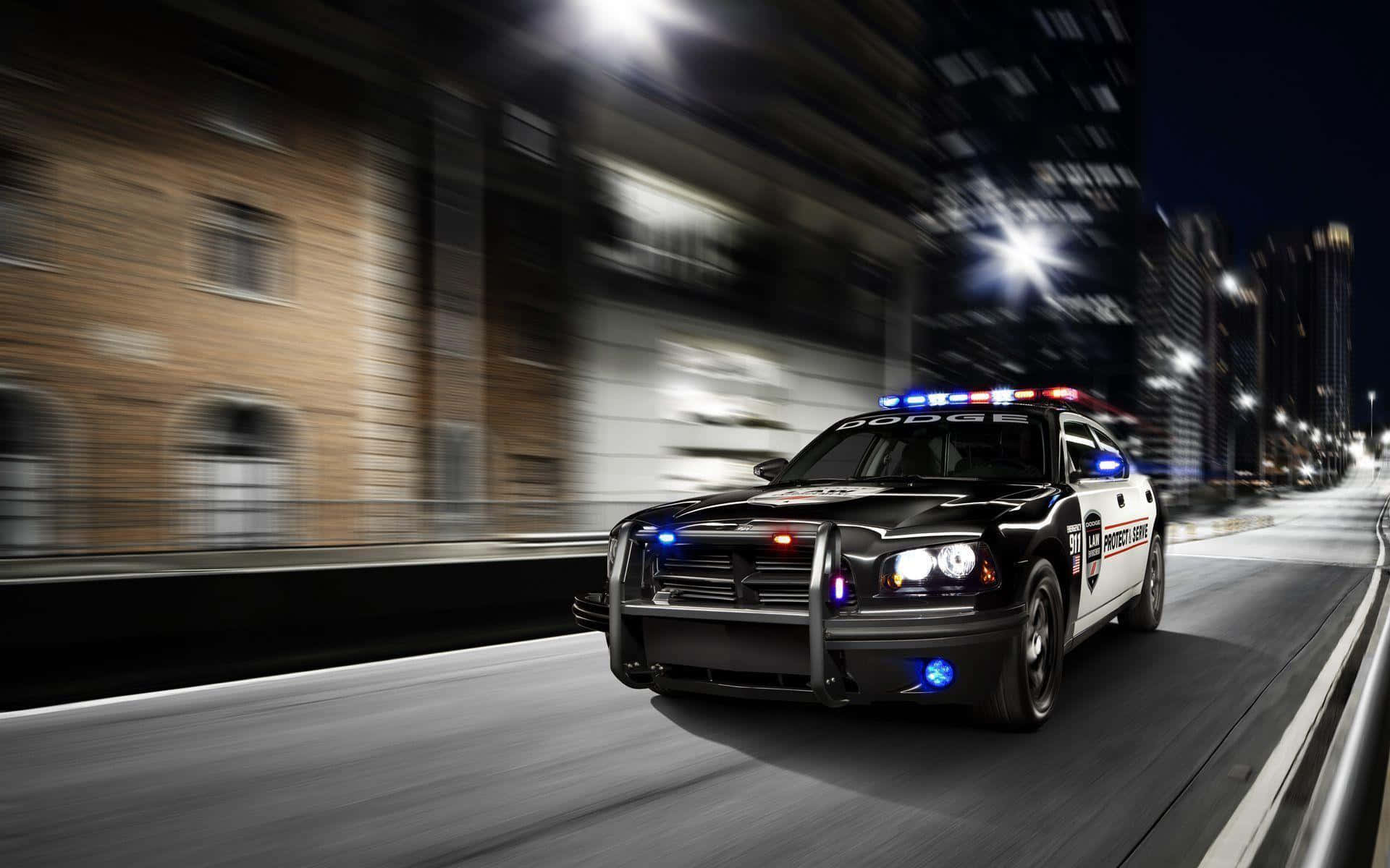 Police Car 桌布 壁紙 — 一輛警車在夜間高速駛過城市，閃爍的燈光和動態模糊掠過建築物。