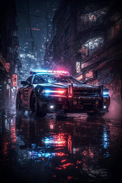Futuristic Police Car Patrol in Neon City 4K 壁紙 — 一輛警車閃爍著紅藍燈光，在夜晚駛過被雨水浸濕、霓虹燈閃爍的都市小巷。