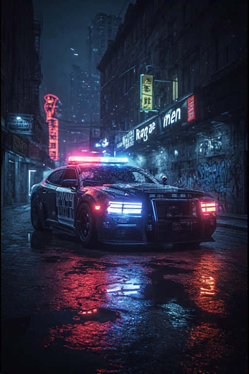 Futuristic Police Car Patrol in Neon City 4K 壁紙 — 一輛警車閃爍著紅藍燈光，在夜晚駛過被雨水浸濕、霓虹燈閃爍的都市小巷。