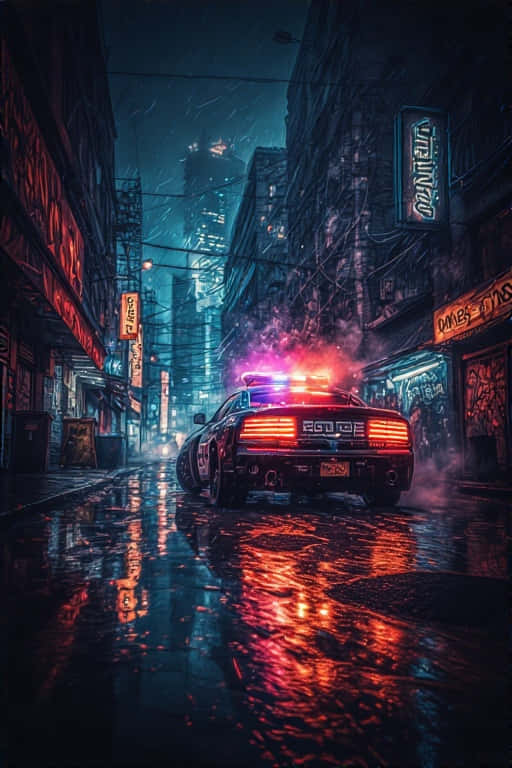 Futuristic Police Car Patrol in Neon City 4K 壁紙 — 一輛警車閃爍著紅藍燈光，在夜晚駛過一條被雨水浸濕、霓虹燈照亮的後巷。