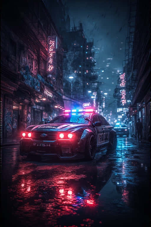 Futuristic Police Car Patrol in Neon City 4K 壁紙 — 一輛警車閃爍著紅藍燈光，在夜晚駛過一條被雨水浸濕、霓虹燈照亮的後巷。