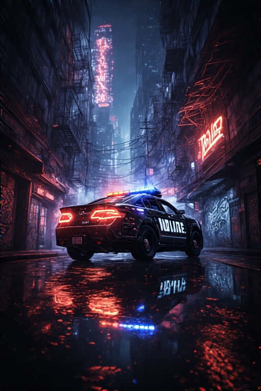 警車閃著警燈停在雨中霓虹巷弄裡，兩旁是高樓大廈。 — 4K 壁紙